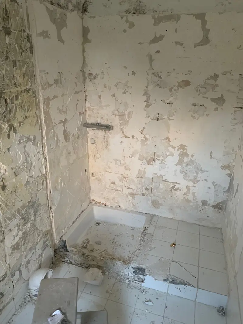 Salle de douche avant travaux : murs dégradés et ancien receveur